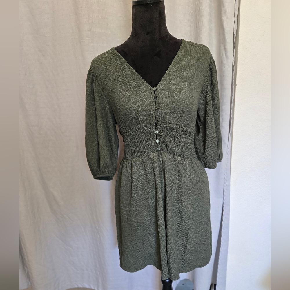 Green Smocked V-Neck Mini Sundress